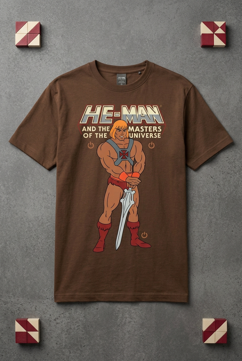 He-Man coffee-brown graphic tee styled flat lay