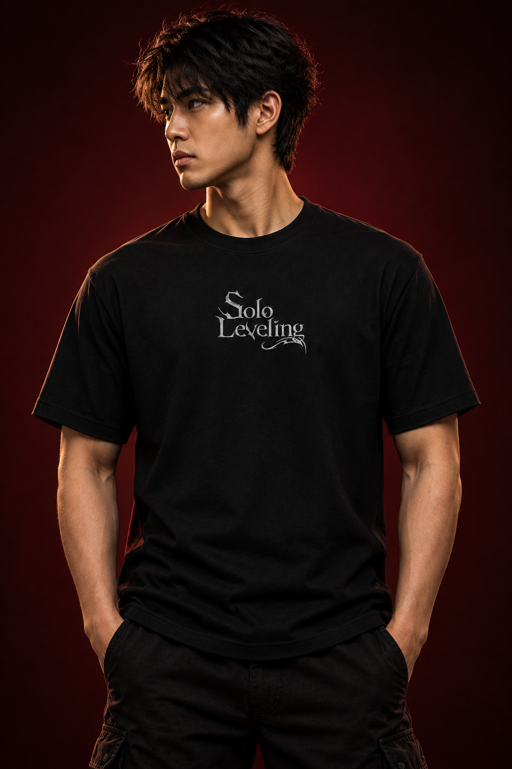 Regular-fit front three-quarter portrait with chest logo