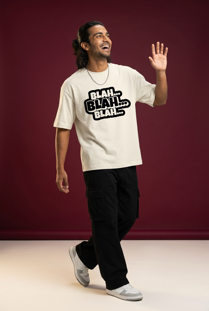 Blah tee, Indian Gen Z model, laughing stepping pose