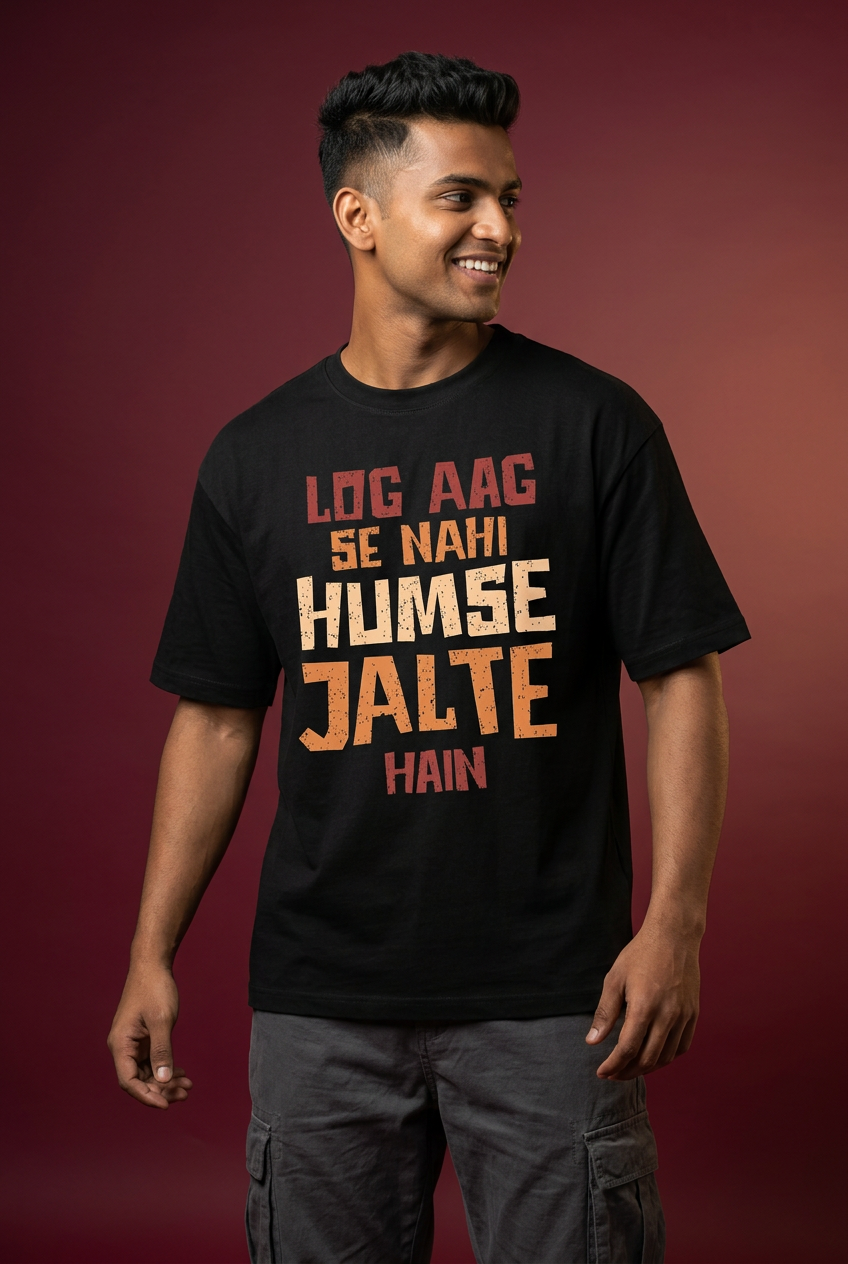 Jalte oversized T-shirt, Indian Gen Z model, playful turning pose