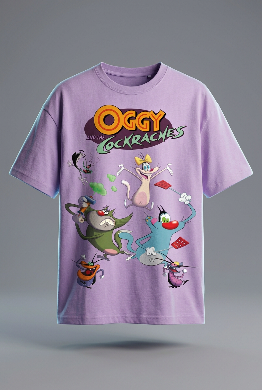 Oggy and the Cockroaches lavender tee angled mockup