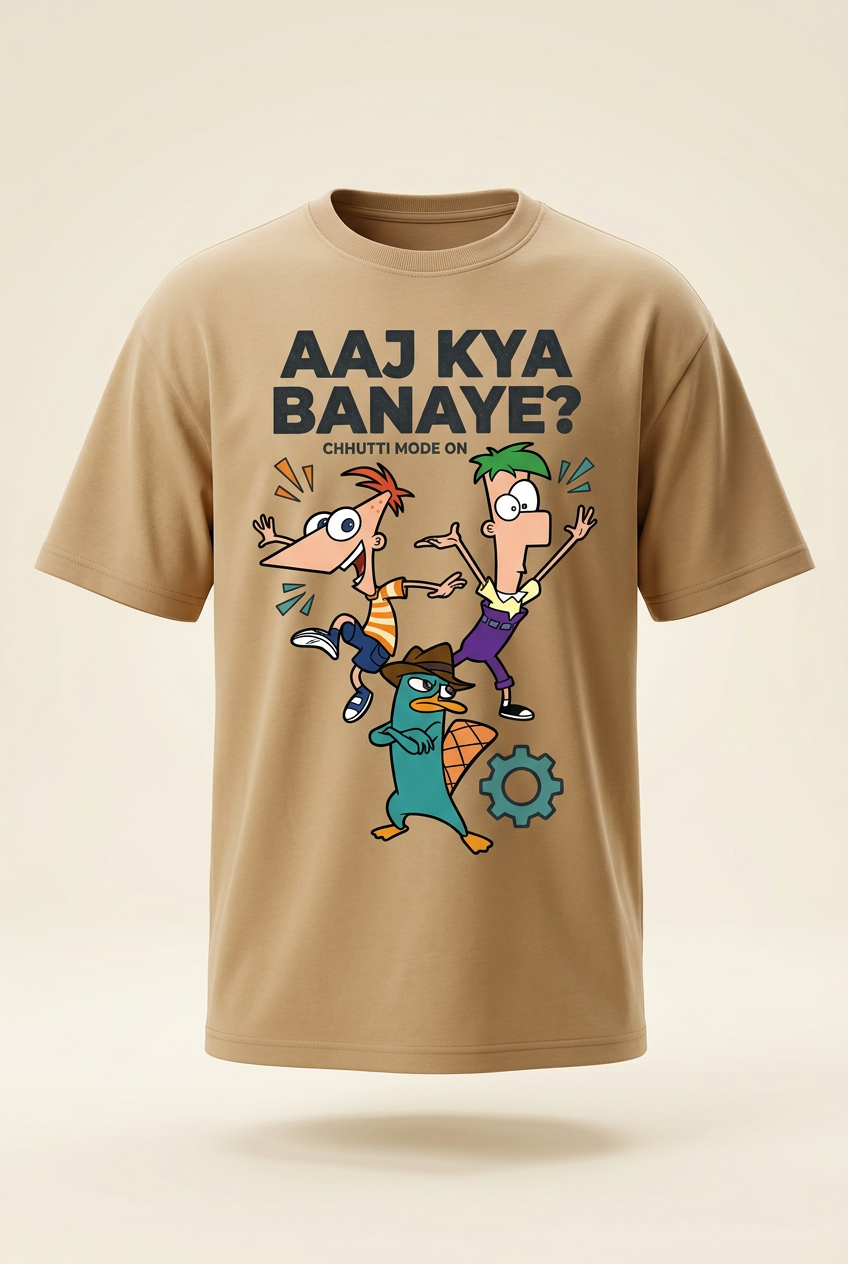 Aaj Kya Banaye Phineas and Ferb beige tee garment-only front mockup