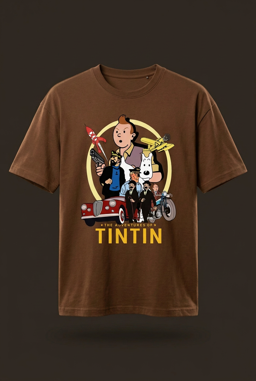 Tintin coffee-brown tee angled mockup