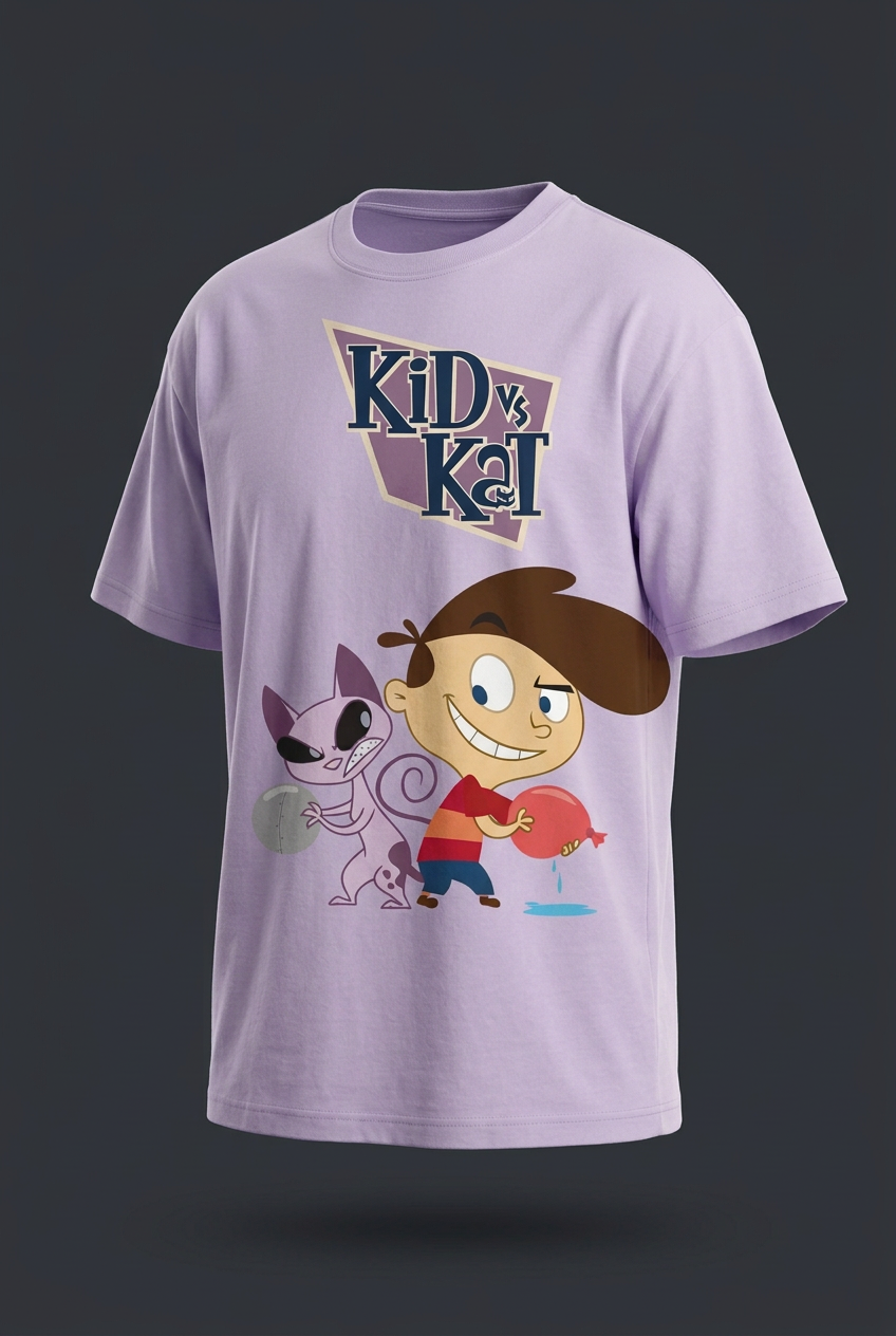 Kid vs Kat lavender tee angled mockup