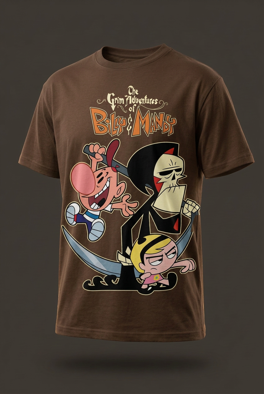 Billy and Mandy coffee-brown tee angled garment-only view