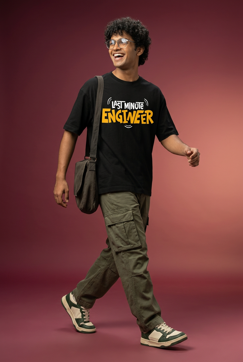 Engineer oversized T-shirt, Indian Gen Z model, walking pose