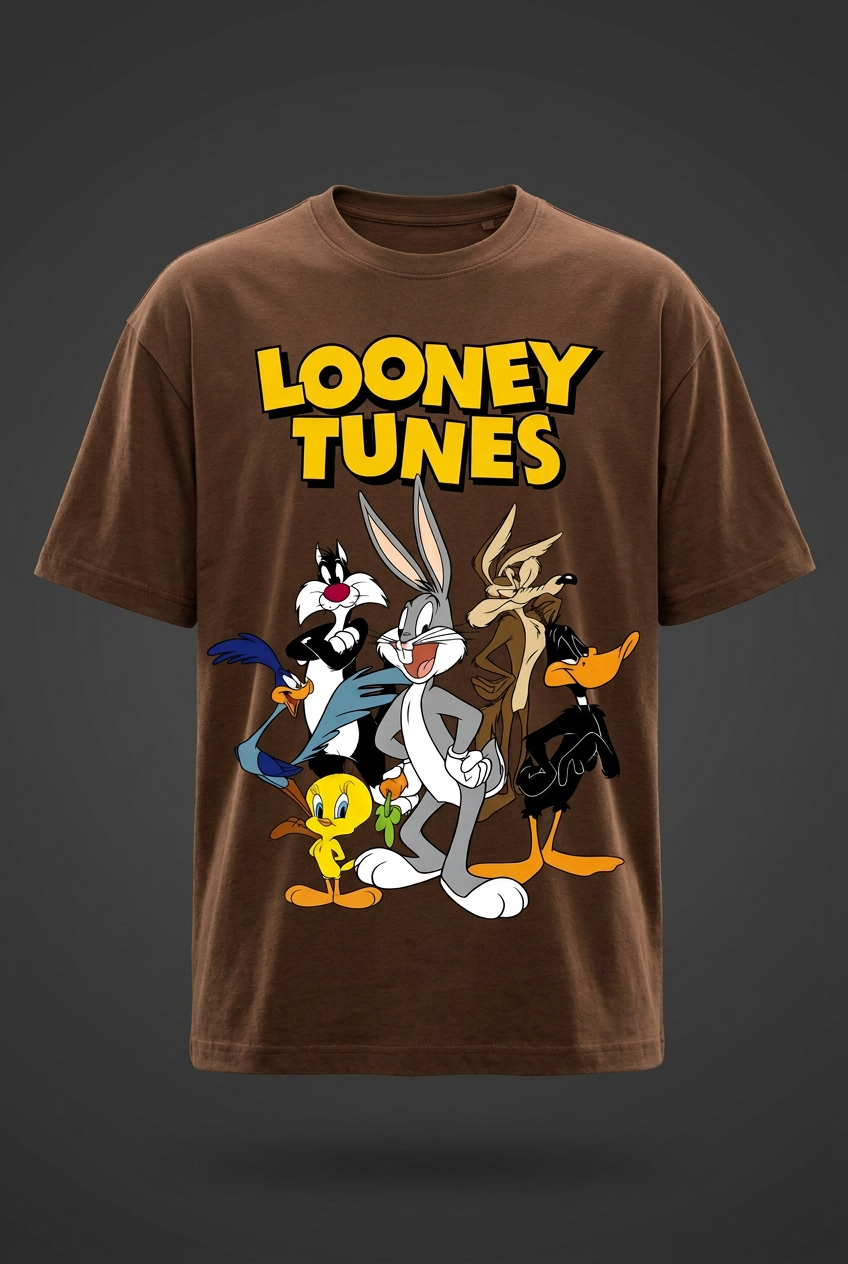 Looney Tunes coffee-brown tee angled mockup