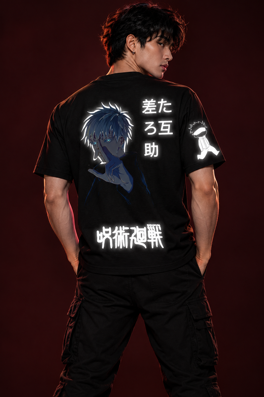 Main Gojo regular-fit reflective back hero under direct flash