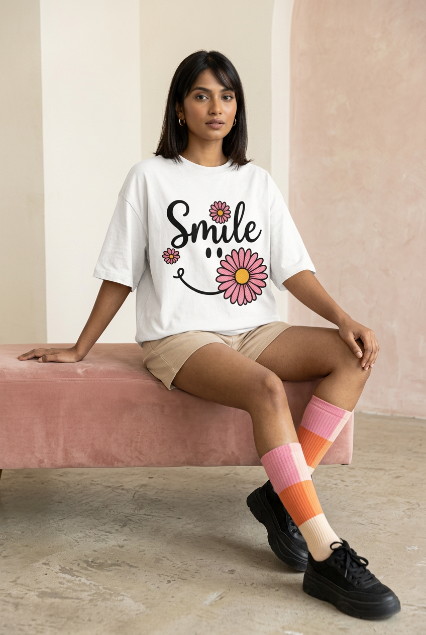 Smile Pink Daisy tee with shorts and colour-block socks