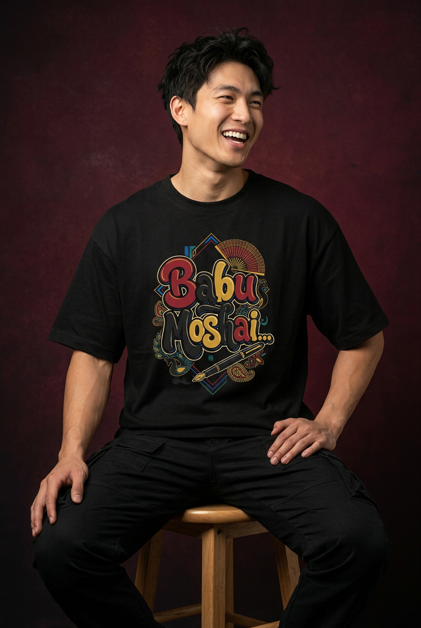Babu oversized T-shirt, laughing seated model pose