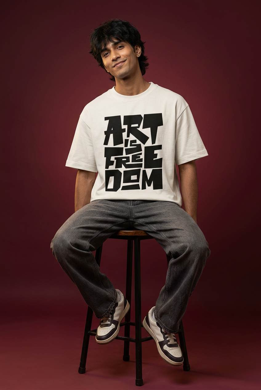 Art Is Freedom tee, Indian Gen Z model, stool-seated pose