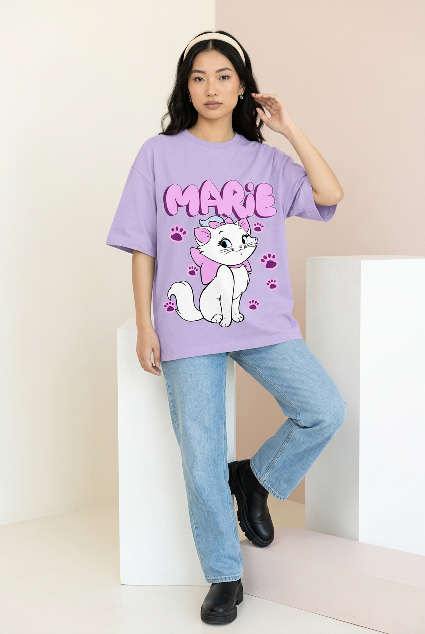 Marie cat oversized tee styled with loose blue jeans