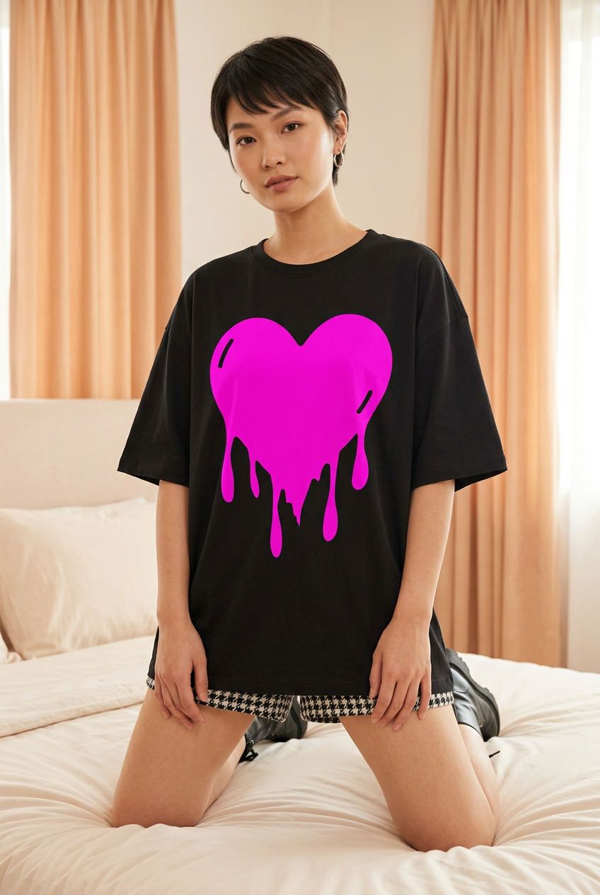 Pink dripping-heart oversized tee, kneeling model pose