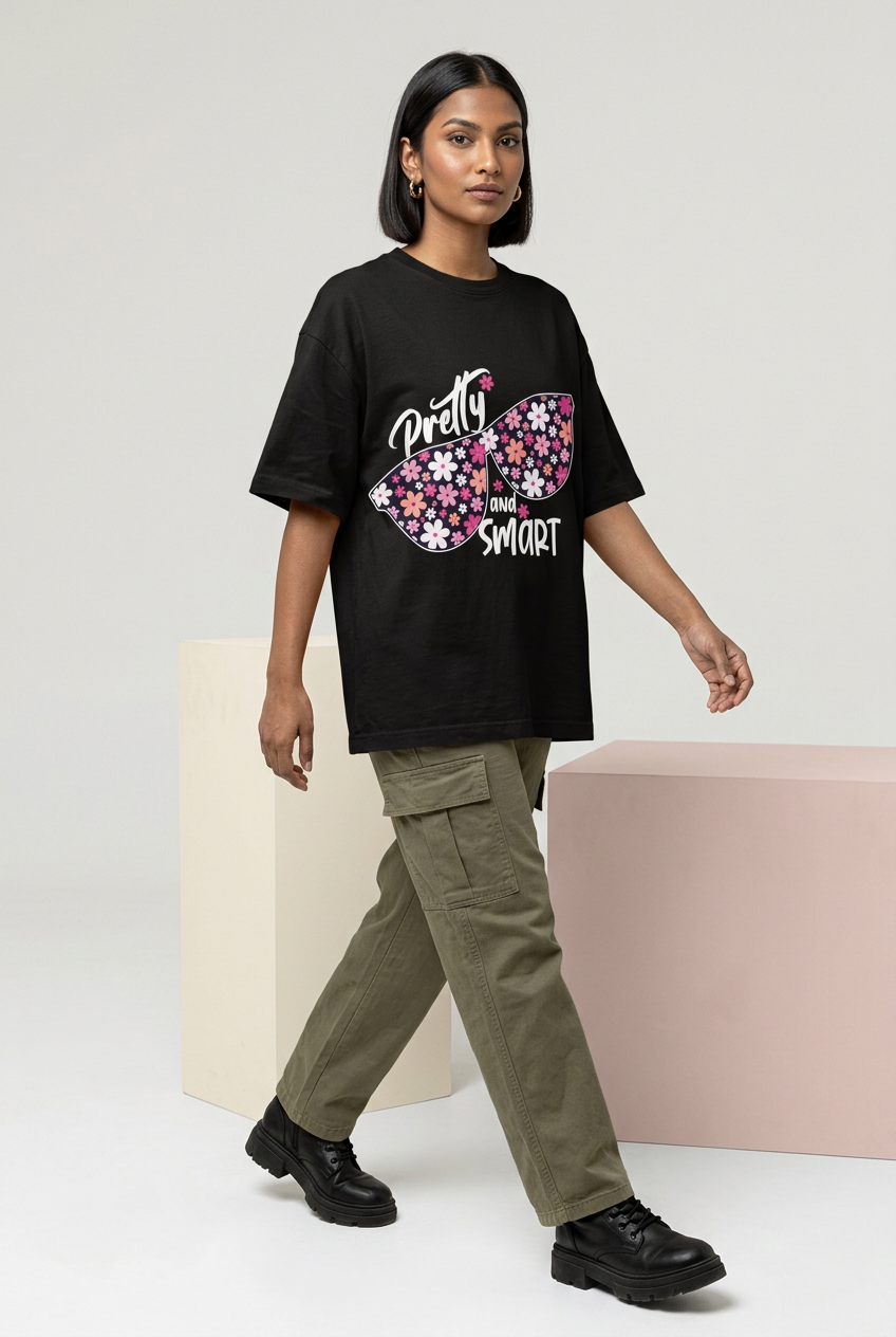 Pretty and Smart tee with olive cargo pants, walking pose