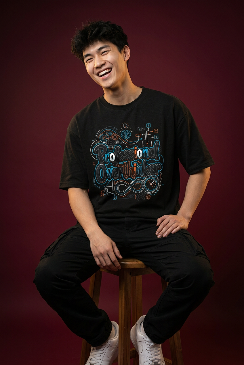 Overthinker oversized T-shirt, laughing seated model pose