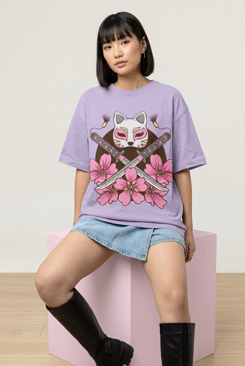 Kitsune sakura tee with denim skort and boots, seated view
