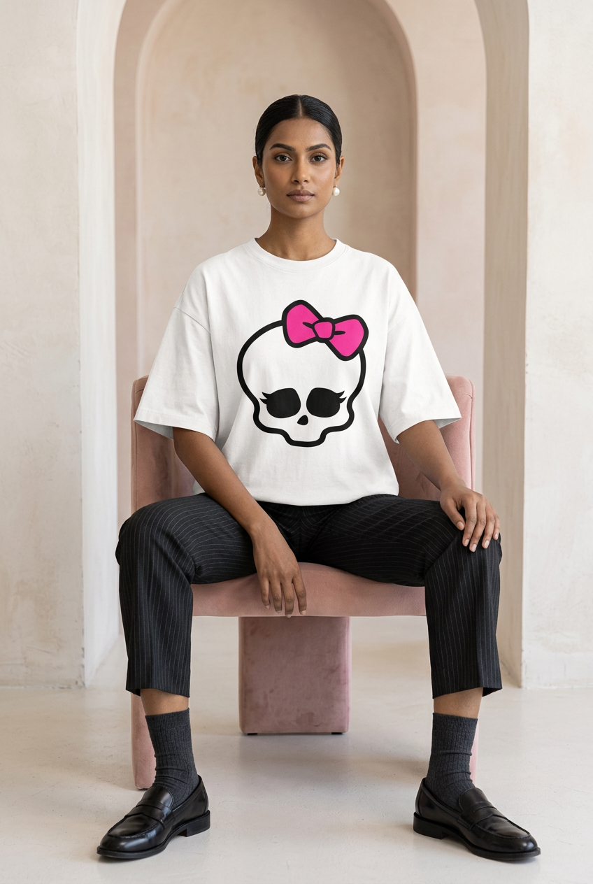 Skull bow oversized tee with pinstripe trousers and formal socks