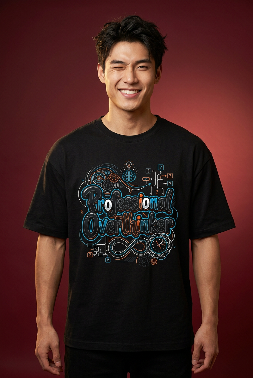 Overthinker oversized T-shirt, smiling model close-up
