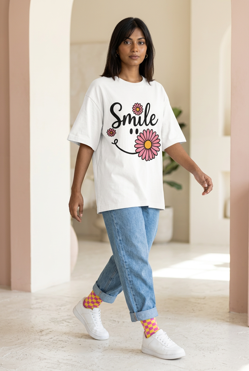 Indian female model in Smile daisy tee with jeans and checkerboard socks