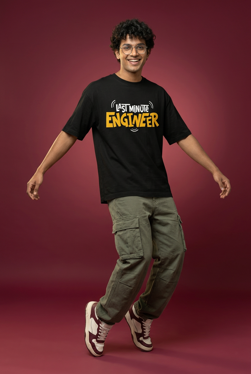 Engineer oversized T-shirt, Indian Gen Z model, playful pivot pose