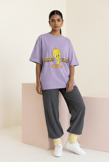 Lavender Tweety tee with trousers and yellow cozy socks