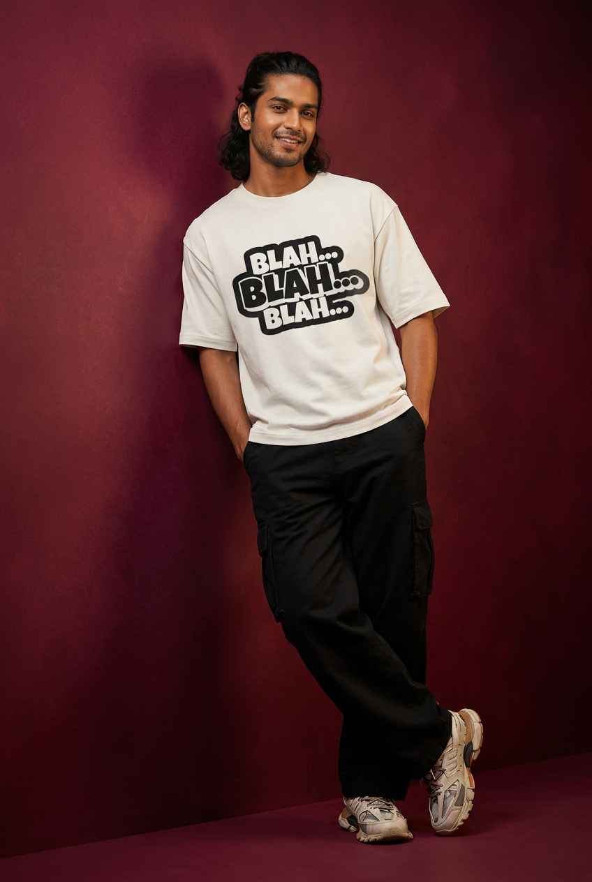 Blah tee, Indian Gen Z model, casual wall lean