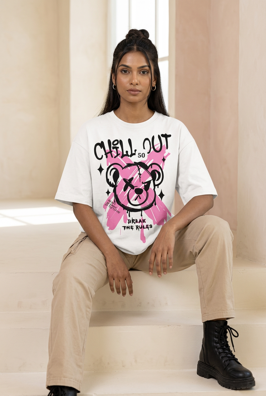 White graffiti bear oversized tee with beige cargo pants