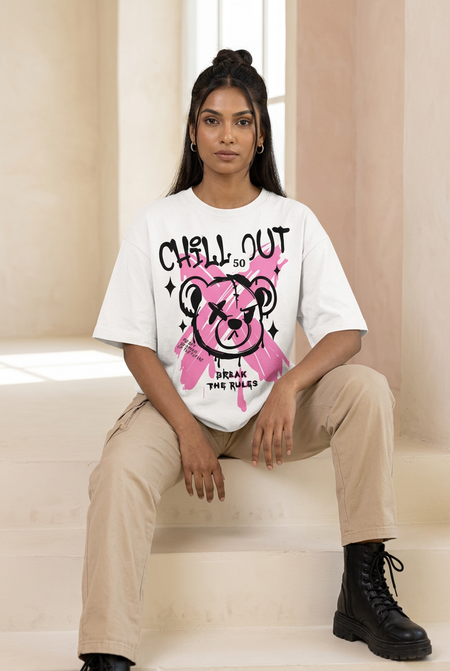 White graffiti bear oversized tee with beige cargo pants