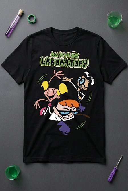 Dexter's Laboratory black graphic tee flat lay