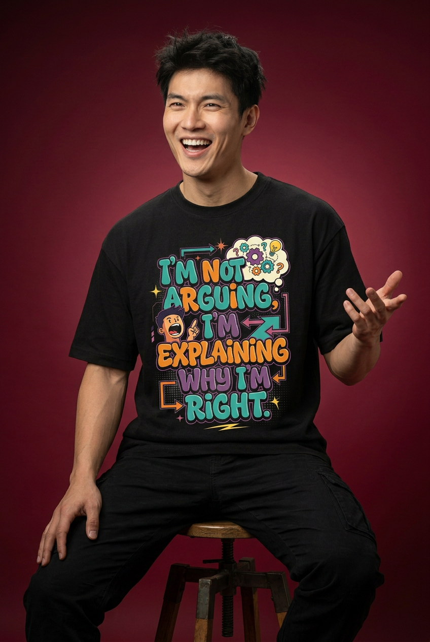 Arguing oversized T-shirt, laughing seated model pose