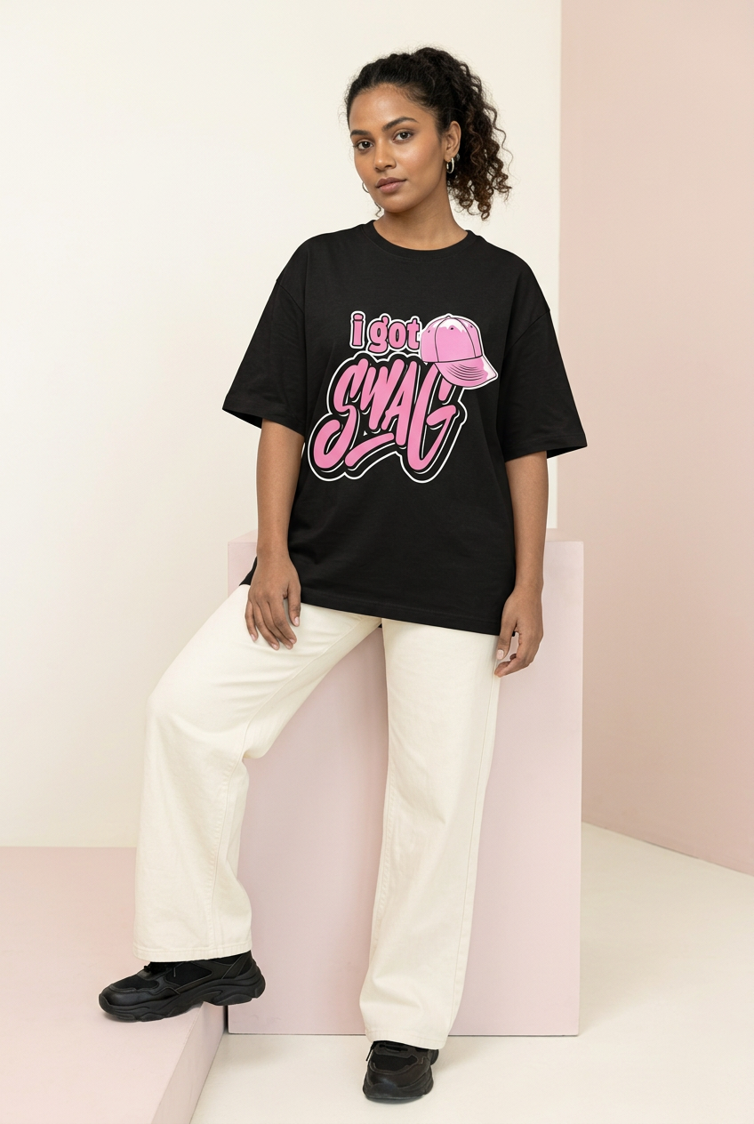 Black I Got Swag tee with cream wide-leg trousers