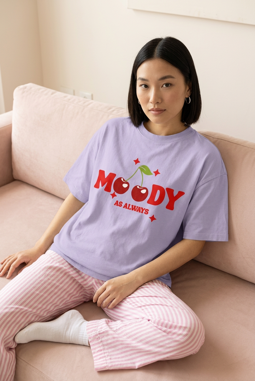 Lavender cherry tee with striped pajama pants, sofa pose