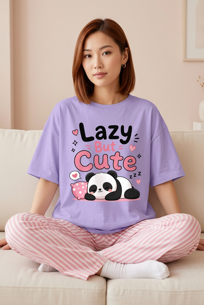 Lavender panda oversized tee styled with pink striped pajama pants