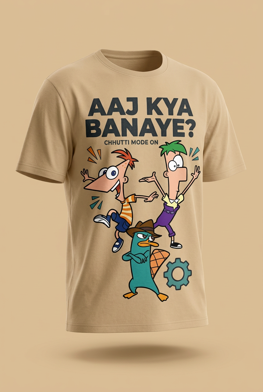 Phineas and Ferb beige relaxed regular-fit tee angled garment-only view