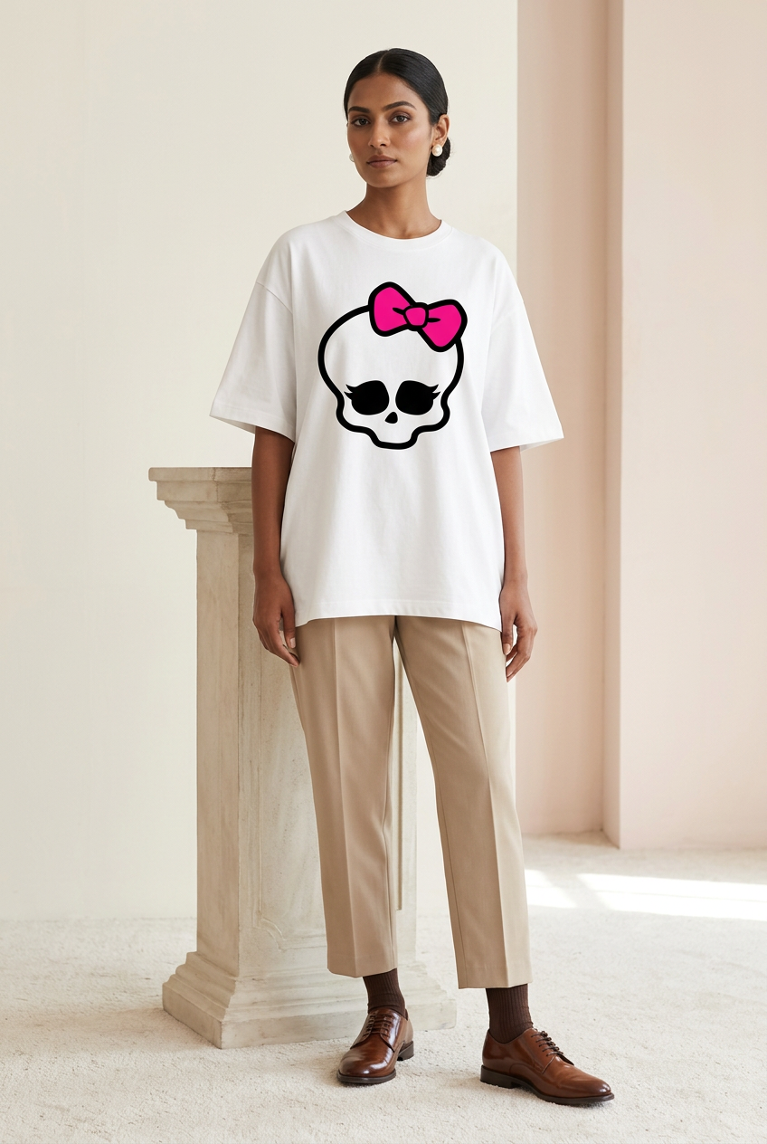 Pink bow skull tee with beige trousers and brown dress socks