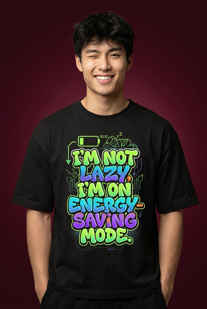 Lazy oversized T-shirt, smiling model close-up