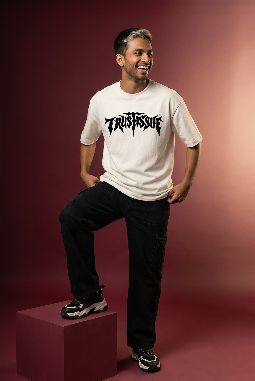 Issue oversized T-shirt, Indian Gen Z model, casual one-foot-up pose