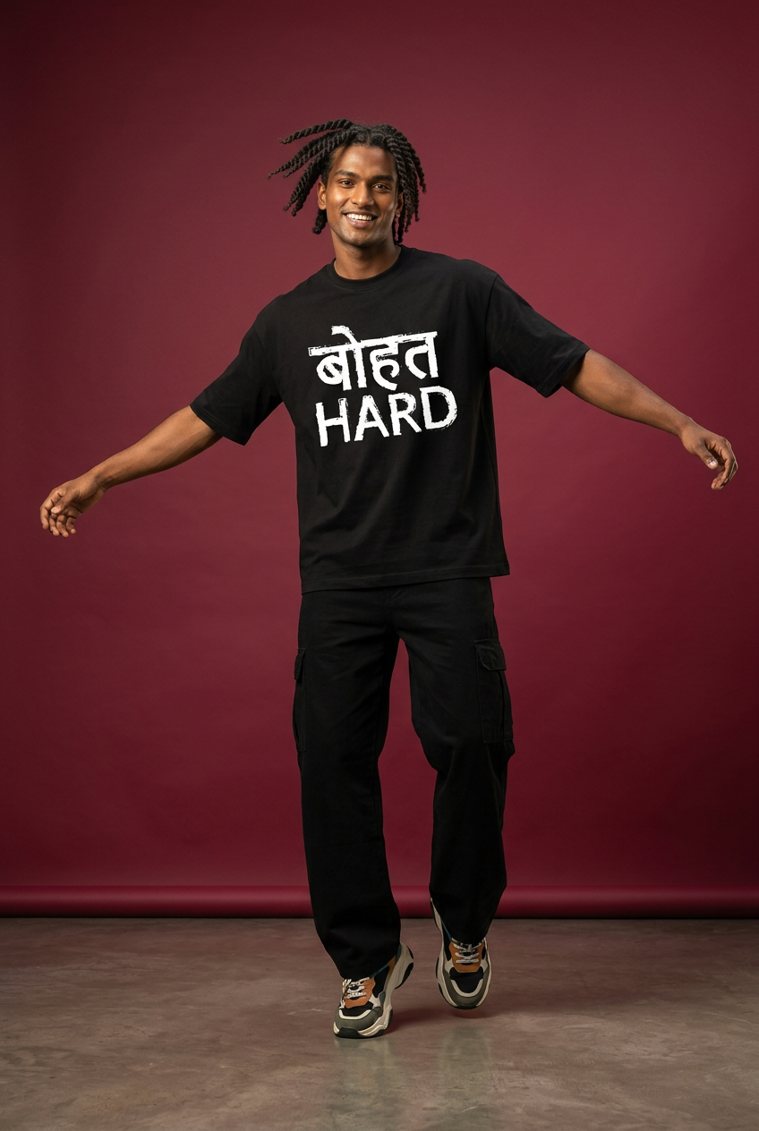Hard oversized T-shirt, Indian Gen Z model, playful hop pose
