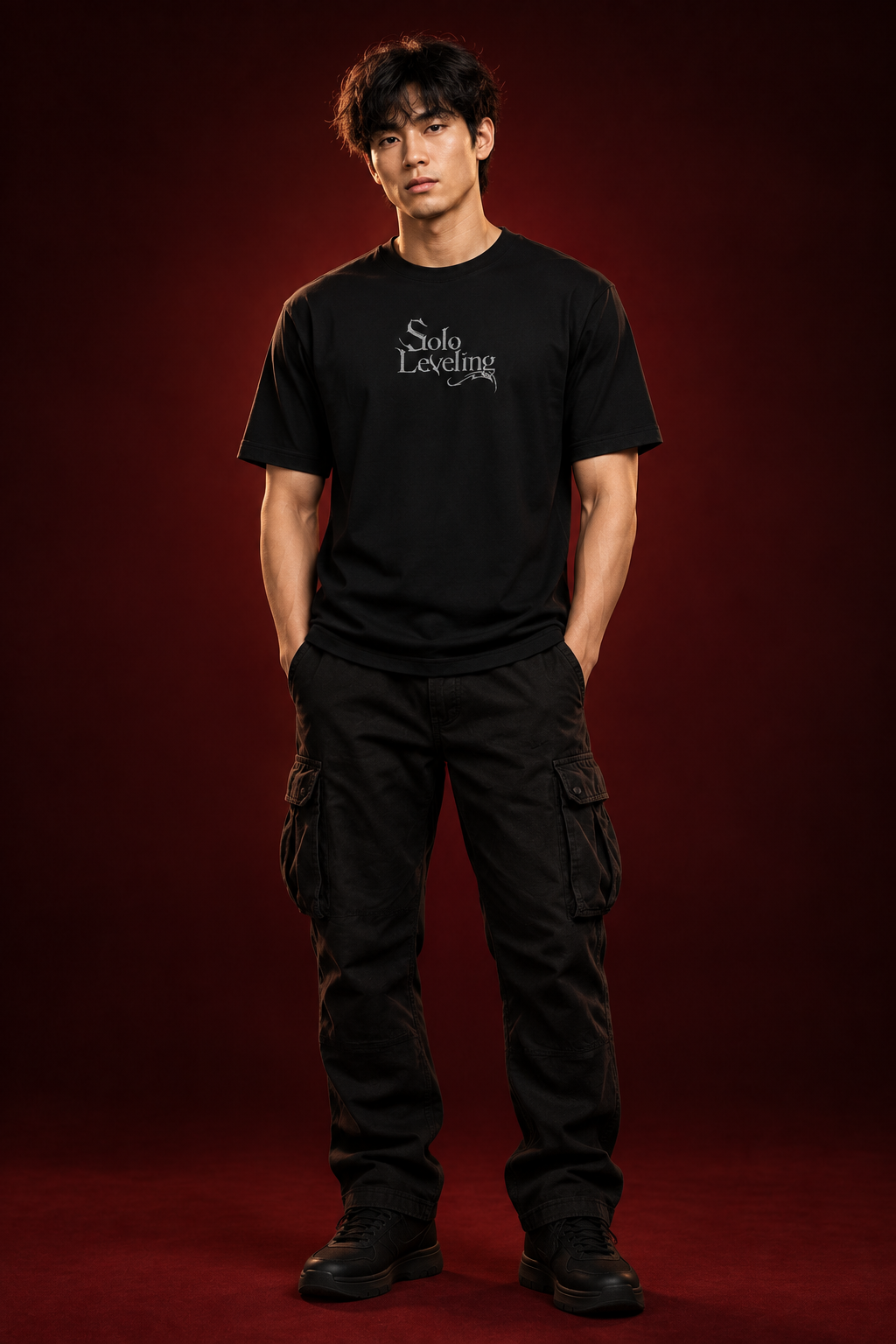 Regular-fit full-body front with Solo Leveling chest logo