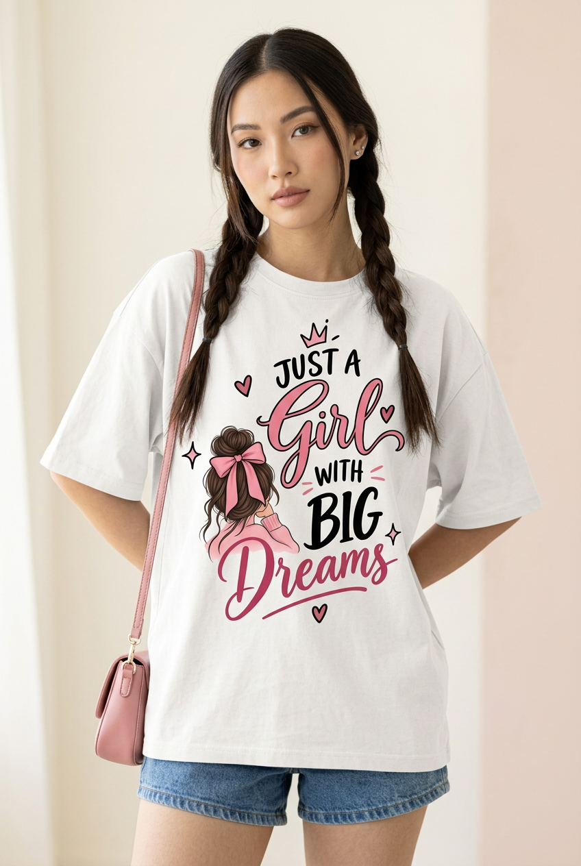 White Just a Girl With Big Dreams tee, high-angle model portrait