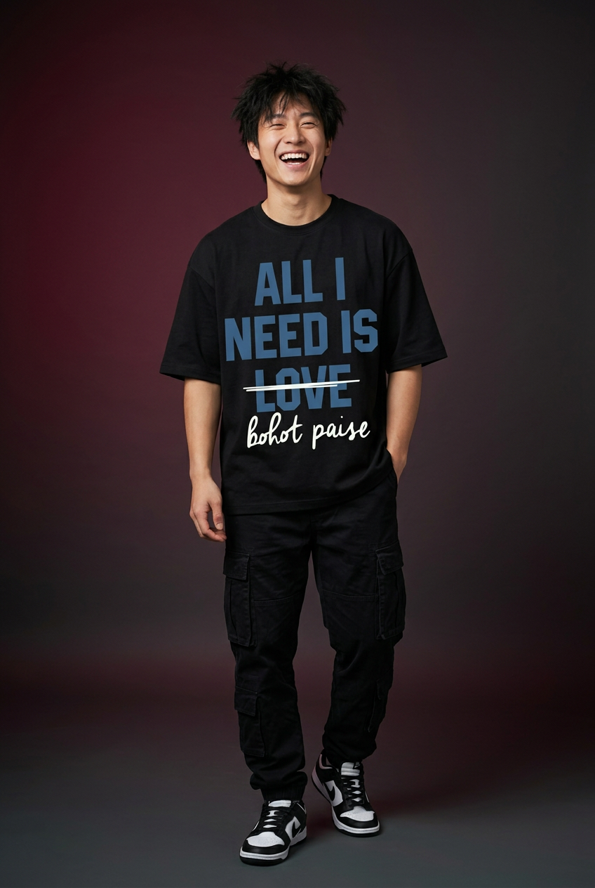 Paisa oversized T-shirt, playful laughing front model pose