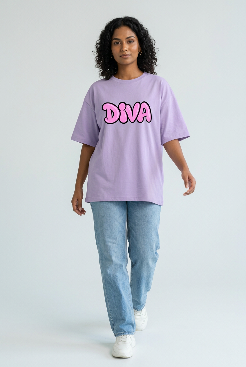 Indian female model in lavender Pink Diva oversized tee with loose jeans