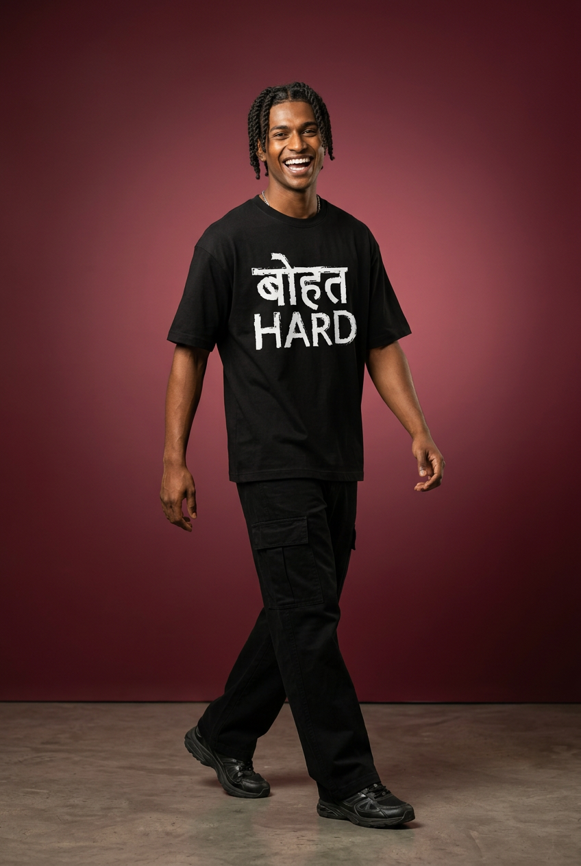 Hard oversized T-shirt, Indian Gen Z model, candid walking pose
