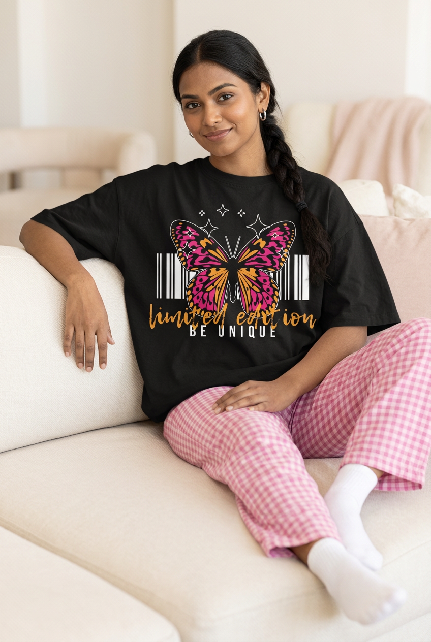 Butterfly oversized tee styled with checked pajamas