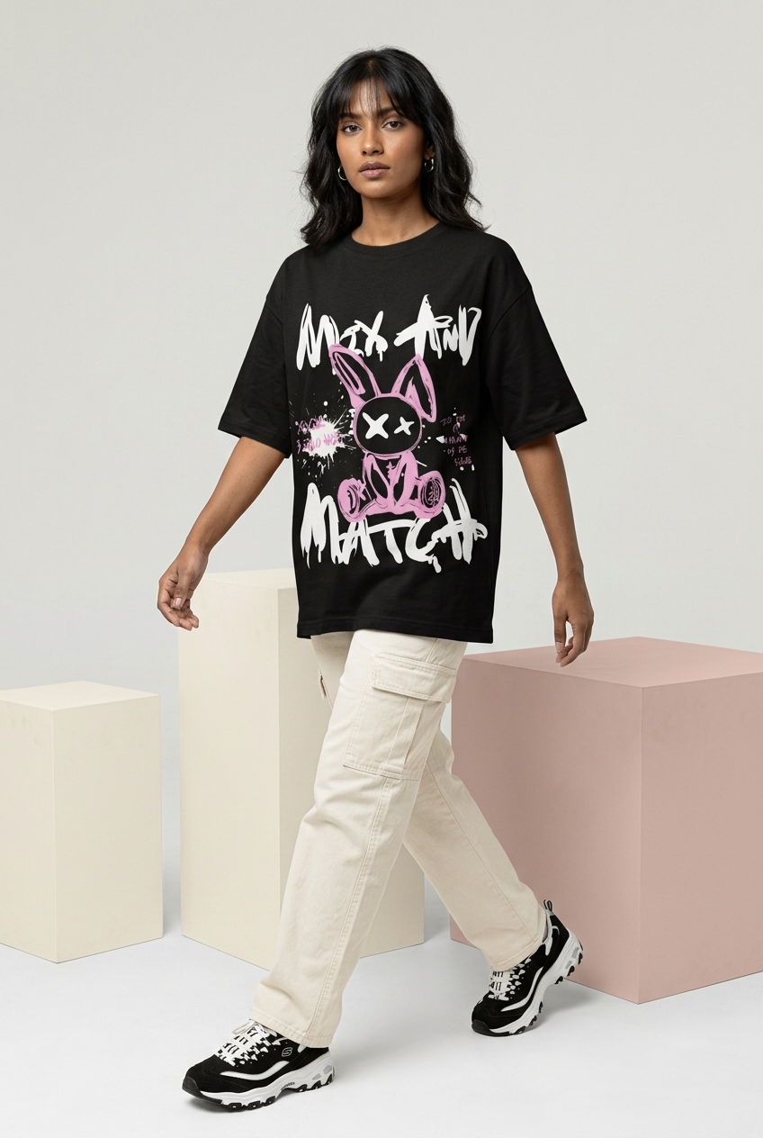 Indian female model in black pink graffiti rabbit tee with cream cargo pants