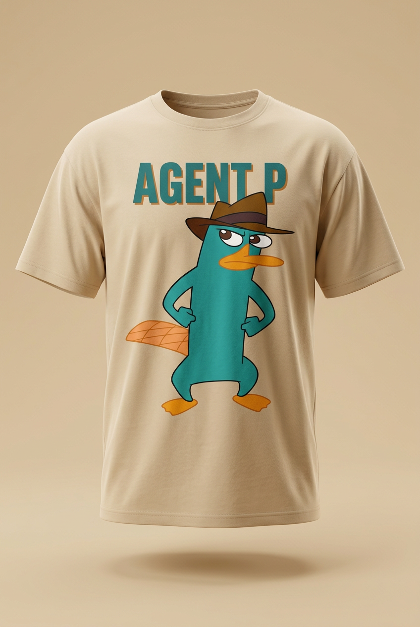 Agent P sand-beige relaxed regular-fit tee, garment-only 3D front hero