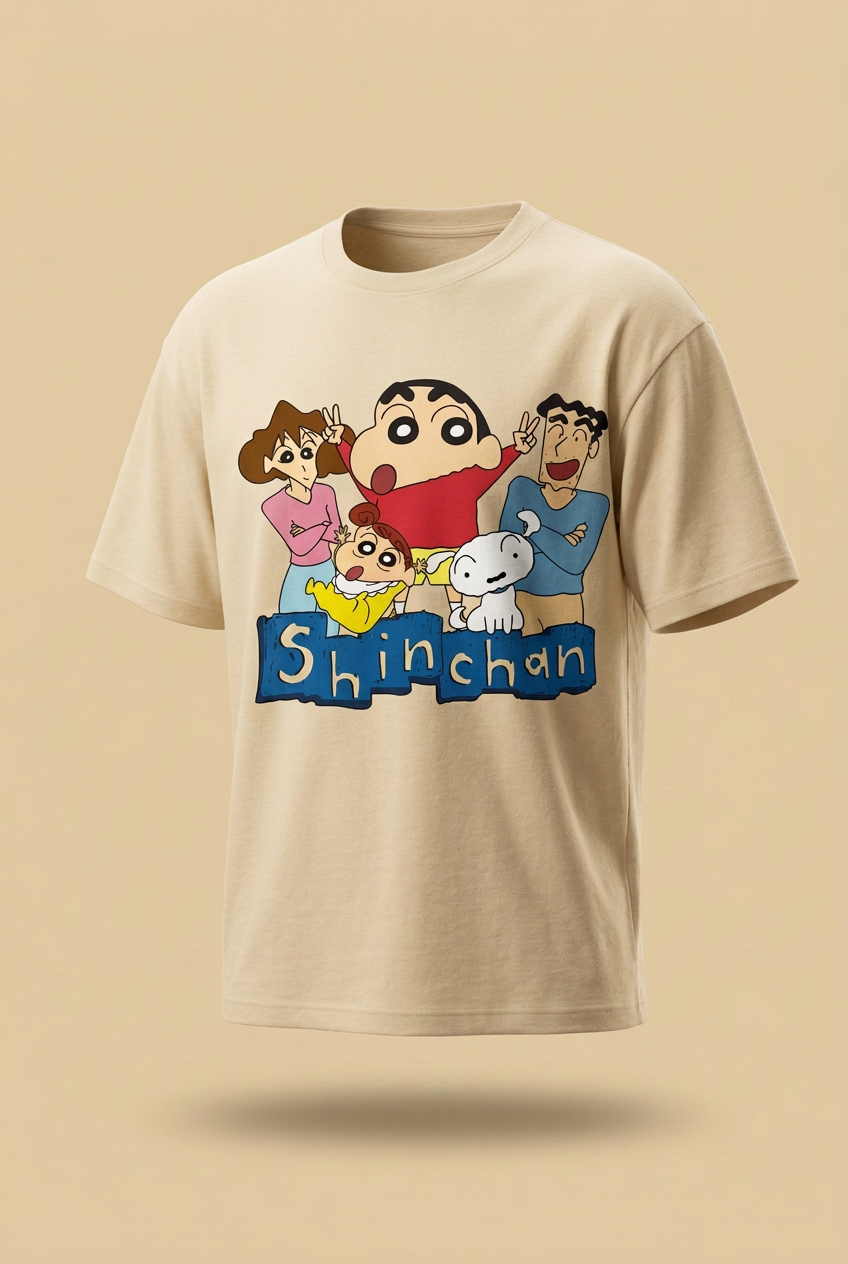Shinchan family relaxed regular-fit beige tee angled garment-only view