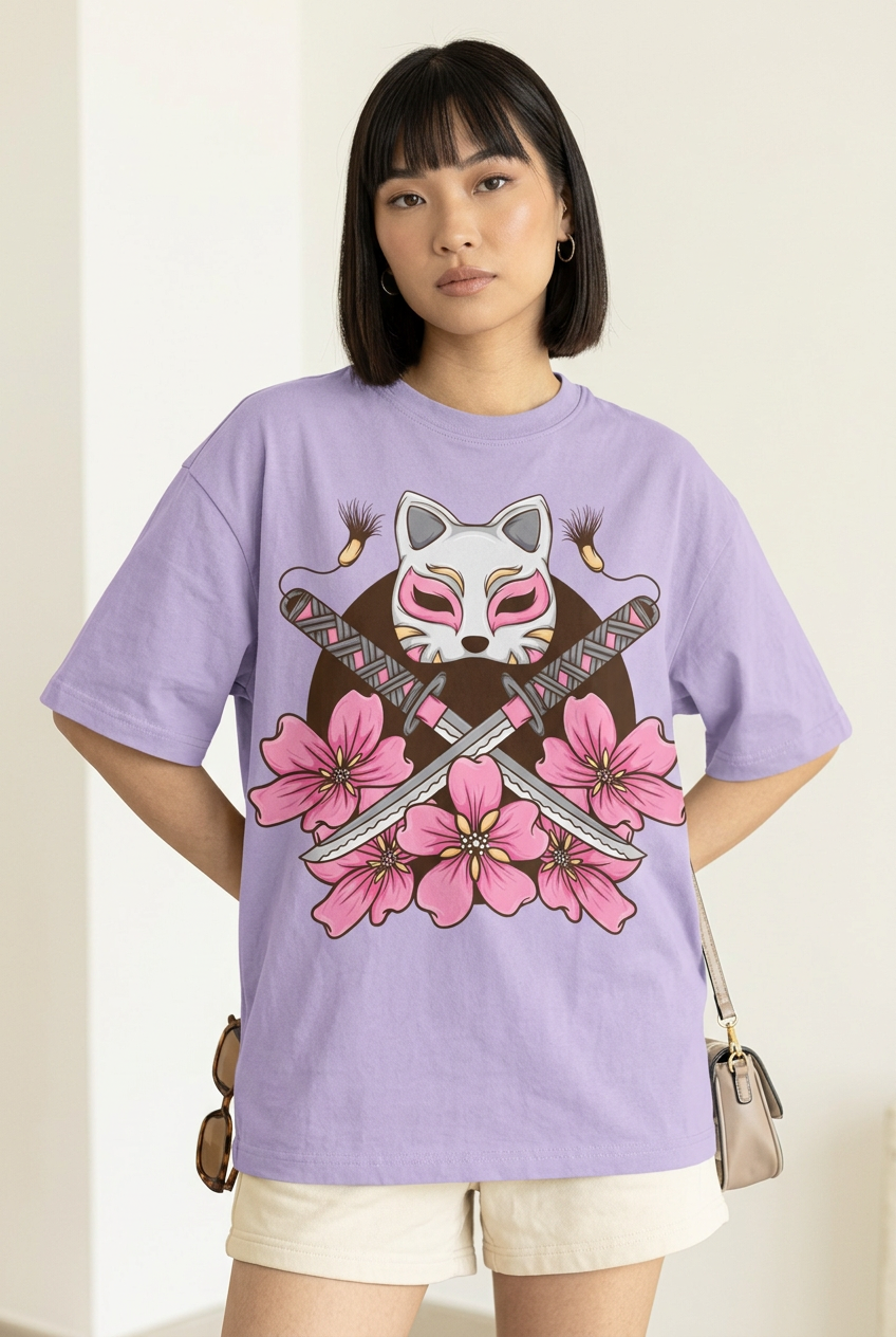 Lavender kitsune sakura tee, high-angle model portrait