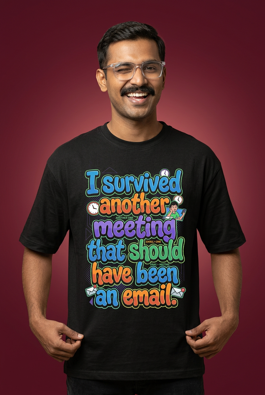 Survived oversized T-shirt, moustached model with glasses, smiling close-up