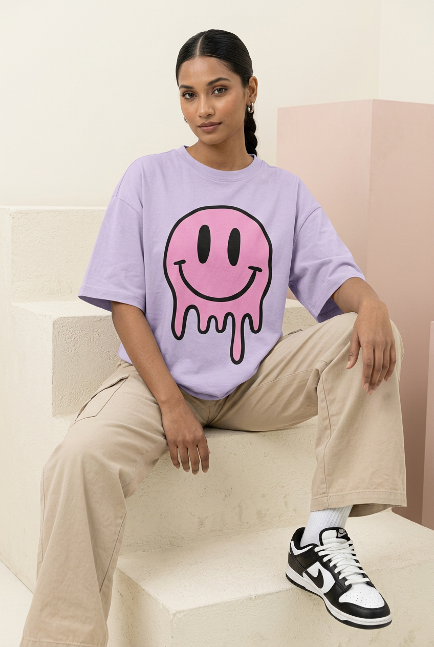 Lavender smiley oversized tee with beige cargo pants, seated pose
